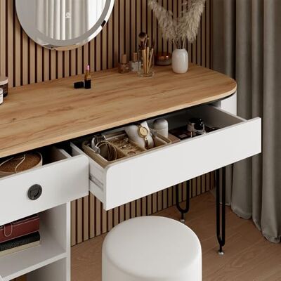 Vicco Coiffeuse "Mia", Blanc/bois naturel, 120cm avec miroir LED, avec éclairage LED et grand miroir pour applications de maquillage Vicco Coiffeuse "Mia", Blanc/bois naturel, 120cm avec miroir LED, avec éclairage LED et grand miroir pour applications de maquillage