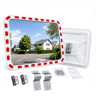 Relaxdays Miroir convexe 60x80 cm, blanc/rouge fixation poteau, bord réflecteur miroir de sécurité rectangulaire Relaxdays Miroir convexe 60x80 cm, blanc/rouge fixation poteau, bord réflecteur miroir de sécurité rectangulaire