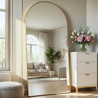 Aplancee Miroir sur pied arqué, 180 x 80 cm, bombé, avec cadre en métal doré, à poser ou à suspendre au mur, grand miroir de sol, pour dressing, salon et chambre à coucher Aplancee Miroir sur pied arqué, 180 x 80 cm, bombé, avec cadre en métal doré, à poser ou à suspendre au mur, grand miroir de sol, pour dressing, salon et chambre à coucher
