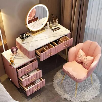 MARIYCH Coiffeuse moderne avec grand miroir et éclairage, ensemble de coiffeuse à 5 tiroirs, 3 couleurs d'éclairage réglables pour chambre à coucher, salle de maquillage moderne, 100 cm, rose MARIYCH Coiffeuse moderne avec grand miroir et éclairage, ensemble de coiffeuse à 5 tiroirs, 3 couleurs d'éclairage réglables pour chambre à coucher, salle de maquillage moderne, 100 cm, rose