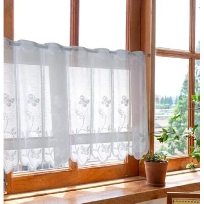 Devola Rideau à panneaux, en jacquard transparent, court, avec motif floral, œillets, bord incurvé, pour maison de campagne, bistrot, cuisine, blanc, 150 x 45 cm (l x h), 1 pièce Devola Rideau à panneaux, en jacquard transparent, court, avec motif floral, œillets, bord incurvé, pour maison de campagne, bistrot, cuisine, blanc, 150 x 45 cm (l x h), 1 pièce