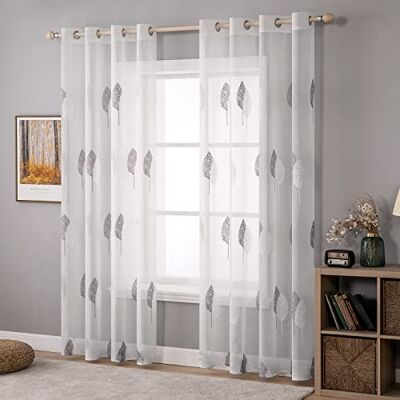 MIULEE Rideaux Voilages Gris et Blanc Beau Motif Feuilles Intérieurs Brodés Oeillets Largeur 140 cm Hauteur 260 cm Transparent Voilage Design Moderne Chambre Salon MIULEE Rideaux Voilages Gris et Blanc Beau Motif Feuilles Intérieurs Brodés Oeillets Largeur 140 cm Hauteur 260 cm Transparent Voilage Design Moderne Chambre Salon