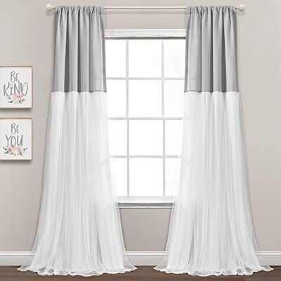 Lush Decor Paire de rideaux de fenêtre en tulle à couleurs contrastées, 213,4 x 101,6 cm (L x l), gris clair et blanc Lush Decor Paire de rideaux de fenêtre en tulle à couleurs contrastées, 213,4 x 101,6 cm (L x l), gris clair et blanc