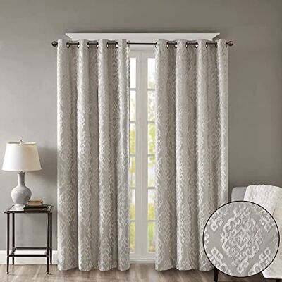 Sun Mirage 100% total Blackout Rideau de fenêtre tricoté jacquard damassé Panneau occultant à œillets 127 x 274 cm Argenté Sun Mirage 100% total Blackout Rideau de fenêtre tricoté jacquard damassé Panneau occultant à œillets 127 x 274 cm Argenté