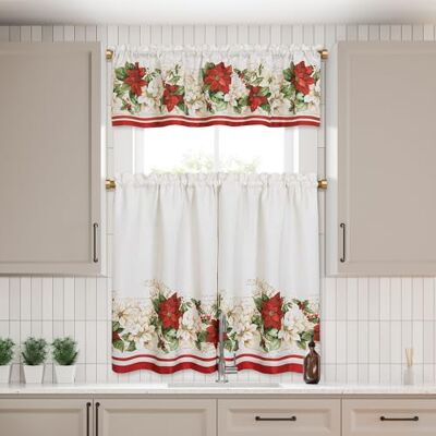 Elrene Home Fashions Lot de 3 plateaux et cantonnière de cuisine Motif poinsettia Rouge et blanc 152,4 x 38,1 cm 76,2 x 91,4 cm chacun, ivoire Elrene Home Fashions Lot de 3 plateaux et cantonnière de cuisine Motif poinsettia Rouge et blanc 152,4 x 38,1 cm 76,2 x 91,4 cm chacun, ivoire