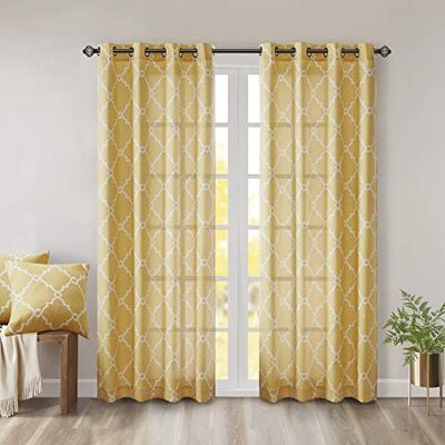 Madison Park Saratoga Rideau de fenêtre en Tissu tressé, Jaune, Beige Clair, chantourné, 50 x 63, œillets argentés Madison Park Saratoga Rideau de fenêtre en Tissu tressé, Jaune, Beige Clair, chantourné, 50 x 63, œillets argentés
