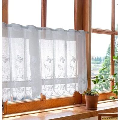 Devola Rideau à panneaux, en jacquard transparent, court, avec motif floral, œillets, bord incurvé, pour maison de campagne, bistrot, cuisine, blanc, 120 x 45 cm (l x h), 1 pièce Devola Rideau à panneaux, en jacquard transparent, court, avec motif floral, œillets, bord incurvé, pour maison de campagne, bistrot, cuisine, blanc, 120 x 45 cm (l x h), 1 pièce