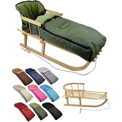 BambiniWelt by Rafael K. BambiniWelt Luge en bois avec dossier et corde de traction, chancelière d'hiver, 108 cm, polaire thermique chaude, imperméable, ensemble combiné pour poussette et buggy, couleur : olive BambiniWelt by Rafael K. BambiniWelt Luge en bois avec dossier et corde de traction, chancelière d'hiver, 108 cm, polaire thermique chaude, imperméable, ensemble combiné pour poussette et buggy, couleur : olive