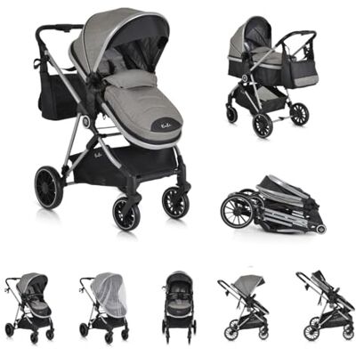 Moni Poussette 2 en 1 Kali 22 kg convertible, panier, porte-gobelet, sac, couleur : gris Moni Poussette 2 en 1 Kali 22 kg convertible, panier, porte-gobelet, sac, couleur : gris