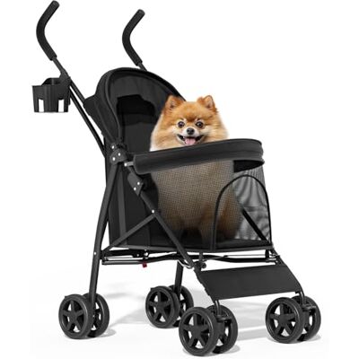 MoNiBloom Poussette à 4 roues pour animal domestique, facile à plier avec housse solaire, coussin et sac de rangement arrière, maille respirante et visible pour animaux de compagnie de petite et MoNiBloom Poussette à 4 roues pour animal domestique, facile à plier avec housse solaire, coussin et sac de rangement arrière, maille respirante et visible pour animaux de compagnie de petite et
