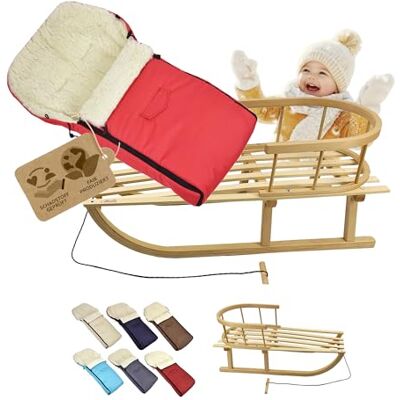 BambiniWelt by Rafael K. Luge en bois avec dossier et corde de traction + chancelière d'hiver universelle (90 cm), convient également pour nacelle, poussette, buggy, en laine unie (rouge) BambiniWelt by Rafael K. Luge en bois avec dossier et corde de traction + chancelière d'hiver universelle (90 cm), convient également pour nacelle, poussette, buggy, en laine unie (rouge)