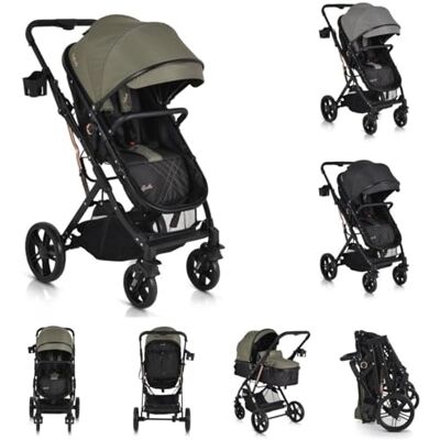 Moni Poussette combinée Rafaello 2 en 1, convertible, siège sport, couvre-pieds, sac, couleur : vert Moni Poussette combinée Rafaello 2 en 1, convertible, siège sport, couvre-pieds, sac, couleur : vert