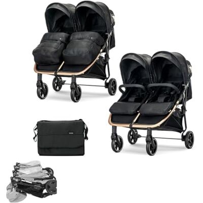 Lorelli Poussette double pliable et réglable avec couvre-pieds, sac à langer, noir et doré Lorelli Poussette double pliable et réglable avec couvre-pieds, sac à langer, noir et doré