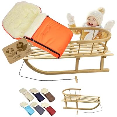 BambiniWelt by Rafael K. Luge en bois avec dossier et corde de traction + chancelière d'hiver universelle (90 cm), convient également pour nacelle, poussette, buggy, en laine unie (orange) BambiniWelt by Rafael K. Luge en bois avec dossier et corde de traction + chancelière d'hiver universelle (90 cm), convient également pour nacelle, poussette, buggy, en laine unie (orange)