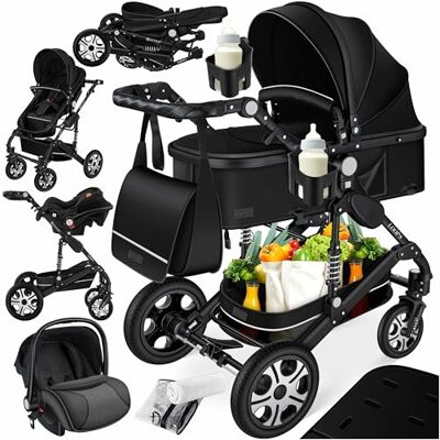 KESSER ® Poussette combinée 3en1 set nacelle poussette sport siège bébé coque pneus caoutchouc amortisseurs incl. sac à langer, habillage pluie & moustiquaire ECE R129 jusqu'à 20kg noir/noir KESSER ® Poussette combinée 3en1 set nacelle poussette sport siège bébé coque pneus caoutchouc amortisseurs incl. sac à langer, habillage pluie & moustiquaire ECE R129 jusqu'à 20kg noir/noir