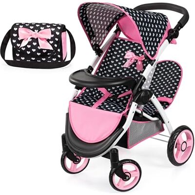 Bayer Design 39460AA landau jumeaux pour poupée, poussette double, réglable, panier intégré, sac à bandoulière Bayer Design 39460AA landau jumeaux pour poupée, poussette double, réglable, panier intégré, sac à bandoulière