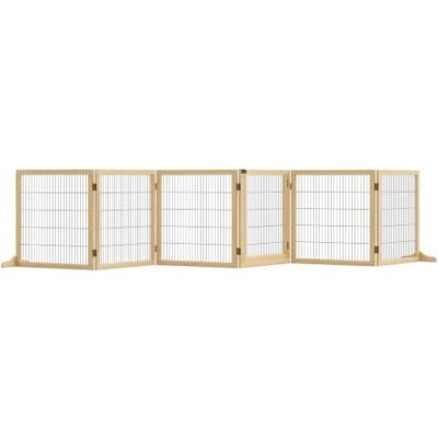 Pawhut Barrière autoportante 6 panneaux pliable parc, ton naturel Barrière en bois pour chien, 2 pieds de support, pour escaliers, porte, intérieur Pawhut Barrière autoportante 6 panneaux pliable parc, ton naturel Barrière en bois pour chien, 2 pieds de support, pour escaliers, porte, intérieur