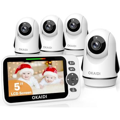 OKAIDI Moniteur vidéo pour bébé avec 4 caméras, écran de 5 pouces sans WiFi, batterie 30H et portée de 305 m, conversation bidirectionnelle, 8 berceuses, caméra pour bébé avec zoom panoramique à OKAIDI Moniteur vidéo pour bébé avec 4 caméras, écran de 5 pouces sans WiFi, batterie 30H et portée de 305 m, conversation bidirectionnelle, 8 berceuses, caméra pour bébé avec zoom panoramique à