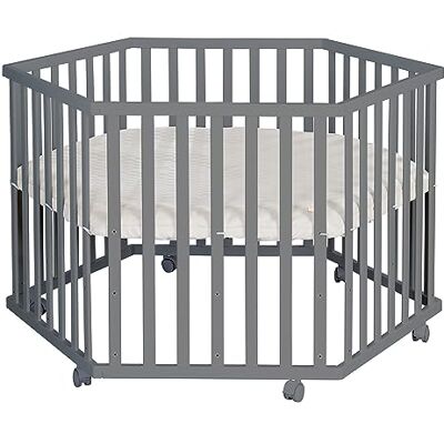 roba Parc Bébé Hexagonal en Bois Greyish quilted + Tapis de Parc et Roues Avec Freins Base Ajustable en Hauteur Anthracite roba Parc Bébé Hexagonal en Bois Greyish quilted + Tapis de Parc et Roues Avec Freins Base Ajustable en Hauteur Anthracite