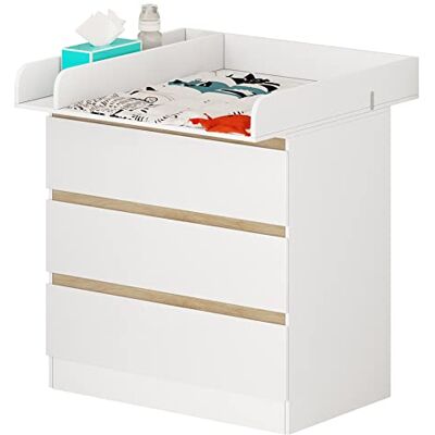 WOLTU Commode avec table à langer pour enfants, commode à 3 tiroirs, table à langer avec séparateur amovible, en MDF, aggloméré et métal, blanc+chêne WOLTU Commode avec table à langer pour enfants, commode à 3 tiroirs, table à langer avec séparateur amovible, en MDF, aggloméré et métal, blanc+chêne