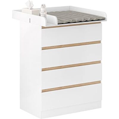 WOLTU Table à Langer + Commode avec 4 Tiroirs, Ensemble Meuble à langer pour Bébé, en Bois d’Ingénierie, Blanc + Chêne Clair, 80x75x109,2cm WOLTU Table à Langer + Commode avec 4 Tiroirs, Ensemble Meuble à langer pour Bébé, en Bois d’Ingénierie, Blanc + Chêne Clair, 80x75x109,2cm