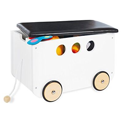 PINOLINO Boîte à jouets Jim en bois et simili cuir avec cordon de serrage et roues en bois caoutchoutées, couvercle amovible à partir de 3 J laqué blanc/simili cuir noir PINOLINO Boîte à jouets Jim en bois et simili cuir avec cordon de serrage et roues en bois caoutchoutées, couvercle amovible à partir de 3 J laqué blanc/simili cuir noir