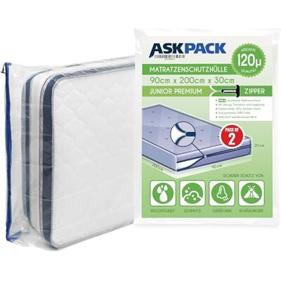 ASK 2 Housses de Protection pour Matelas avec ancre zip Tailles XS à XXL Imperméable ultra résistant à la déchirure Matériau jusqu'à 120µ, Idéal pour les le stockage et transport 90x200 cm ASK 2 Housses de Protection pour Matelas avec ancre zip Tailles XS à XXL Imperméable ultra résistant à la déchirure Matériau jusqu'à 120µ, Idéal pour les le stockage et transport 90x200 cm
