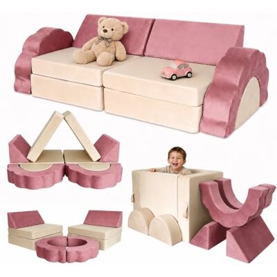 Relaxdays Canapé de jeu pour enfants, modulaire 10 pièces, rose mousse souple, velours, 47 x 150 x 65 cm Relaxdays Canapé de jeu pour enfants, modulaire 10 pièces, rose mousse souple, velours, 47 x 150 x 65 cm