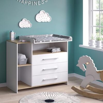 Vicco Commode à langer "Oskar", Chêne blanc/force de l'or, 113x93cm avec 3 tiroirs, convertible en commode grâce au plan à langer amovible Vicco Commode à langer "Oskar", Chêne blanc/force de l'or, 113x93cm avec 3 tiroirs, convertible en commode grâce au plan à langer amovible