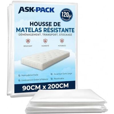 ASK Housse de matelas 90 x 200 cm Extra épaisse de 120 microns Housse de protection pour matelas Résistante à la déchirure Pour déménagement, transport et stockage ASK Housse de matelas 90 x 200 cm Extra épaisse de 120 microns Housse de protection pour matelas Résistante à la déchirure Pour déménagement, transport et stockage