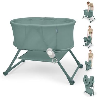Ingenuity Snooze & Stow Berceau pliable avec son, lumière et vibration, berceau portable à une main, côtés en maille, étagère de rangement et roues Ingenuity Snooze & Stow Berceau pliable avec son, lumière et vibration, berceau portable à une main, côtés en maille, étagère de rangement et roues