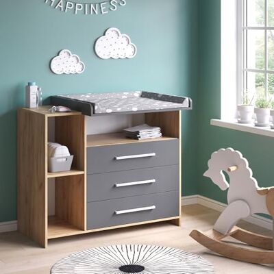 Vicco Commode à langer "Oskar", Anthracite/Sonoma, 113x100cm convertible en commode grâce au plan à langer amovible Vicco Commode à langer "Oskar", Anthracite/Sonoma, 113x100cm convertible en commode grâce au plan à langer amovible