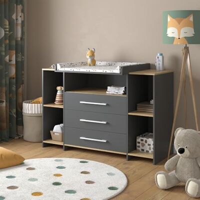 Vicco Commode à langer "Oskar", Anthracite/chêne doré, 143.2x93cm avec 3 tiroirs, convient comme table à langer avec espace de rangement extensible Vicco Commode à langer "Oskar", Anthracite/chêne doré, 143.2x93cm avec 3 tiroirs, convient comme table à langer avec espace de rangement extensible