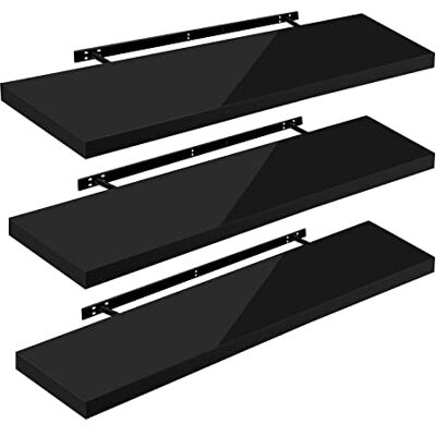 WOLTU Lot de 3 étagères murales flottantes en MDF noir brillant 120 x 22,9 x 3,8 cm WOLTU Lot de 3 étagères murales flottantes en MDF noir brillant 120 x 22,9 x 3,8 cm