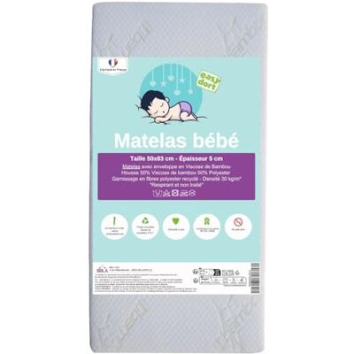 Easy dort Matelas bébé 50x83 cm Berceau ou lit bébé Fabriqué en France Été & Hiver Double Face Très Confortable Housse en Bambou Blanc Easy dort Matelas bébé 50x83 cm Berceau ou lit bébé Fabriqué en France Été & Hiver Double Face Très Confortable Housse en Bambou Blanc
