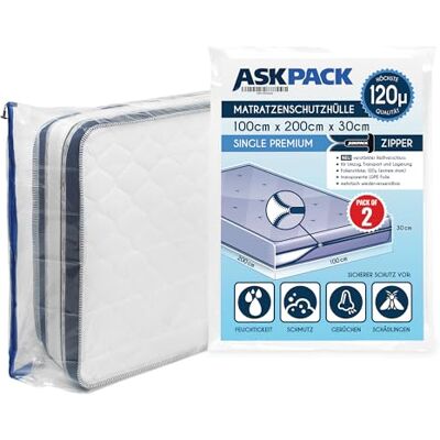 ASK 2 Housses de Protection pour Matelas avec ancre zip Tailles XS à XXL Imperméable ultra résistant à la déchirure Matériau jusqu'à 120µ, Idéal pour les le stockage et transport 100x200 cm ASK 2 Housses de Protection pour Matelas avec ancre zip Tailles XS à XXL Imperméable ultra résistant à la déchirure Matériau jusqu'à 120µ, Idéal pour les le stockage et transport 100x200 cm