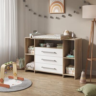 Vicco Commode à langer "Oskar", Blanc/Sonoma, 143x100cm XL avec tiroirs, convient comme table à langer avec espace de rangement extensible Vicco Commode à langer "Oskar", Blanc/Sonoma, 143x100cm XL avec tiroirs, convient comme table à langer avec espace de rangement extensible