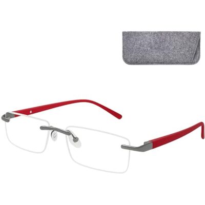 Mini Brille Lunettes Anti Lumière Bleue Percées Sans Cerclage avec Verres Transparents Rectangulaires, Boite Inclus, Cadre en Acier Inoxydable (Rouge), Lunette Homme et Femme + 1.5 Dioptrie Mini Brille Lunettes Anti Lumière Bleue Percées Sans Cerclage avec Verres Transparents Rectangulaires, Boite Inclus, Cadre en Acier Inoxydable (Rouge), Lunette Homme et Femme + 1.5 Dioptrie