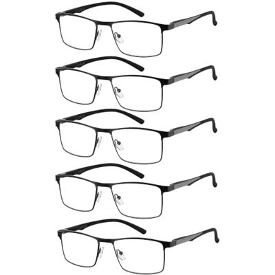 JM Lot de 5 lunettes de lecture rectangulaires pour homme, anti-lumière bleue, en métal et acier inoxydable, charnière de printemps JM Lot de 5 lunettes de lecture rectangulaires pour homme, anti-lumière bleue, en métal et acier inoxydable, charnière de printemps