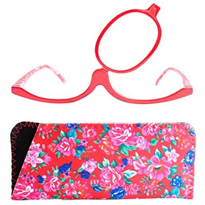 Mini Brille Lunettes de maquillage rouges +3,5, verre pivotant, étui fleuri assorti Mini Brille Lunettes de maquillage rouges +3,5, verre pivotant, étui fleuri assorti
