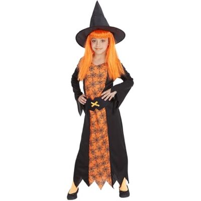Déguisement de sorcière toile d'araignée orange avec chapeau pour fille - Costume d'Halloween Déguisement de sorcière toile d'araignée orange avec chapeau pour fille - Costume d'Halloween