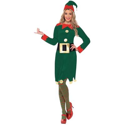 Smiffys Costume d'elfe vert avec robe, chapeau et ceinture, déguisement de Noël pour adulte Smiffys Costume d'elfe vert avec robe, chapeau et ceinture, déguisement de Noël pour adulte
