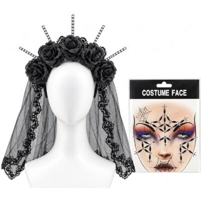 Carnavalife Bandeau Halloween pour femme avec voile noir et fleurs artificielles, comprend des autocollants faciaux en strass, accessoires pour le jour des morts, carnaval, fête à thème Carnavalife Bandeau Halloween pour femme avec voile noir et fleurs artificielles, comprend des autocollants faciaux en strass, accessoires pour le jour des morts, carnaval, fête à thème
