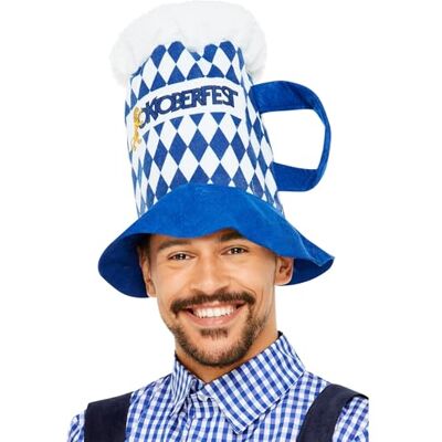 Smiffys Chapeau de bière à carreaux bleu et blanc avec poignée, pour fête de la bière, Oktoberfest Smiffys Chapeau de bière à carreaux bleu et blanc avec poignée, pour fête de la bière, Oktoberfest
