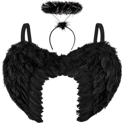 REDSTAR Ailes d'Ange Noires avec Auréole, Déguisement Ange Déchu Femme Halloween Ailes d'ange noir en plumes, env. 55 x 40 cm, avec serre-tête auréole en plumes noires : le set pour un déguisement ange noir REDSTAR Ailes d'Ange Noires avec Auréole, Déguisement Ange Déchu Femme Halloween Ailes d'ange noir en plumes, env. 55 x 40 cm, avec serre-tête auréole en plumes noires : le set pour un déguisement ange noir