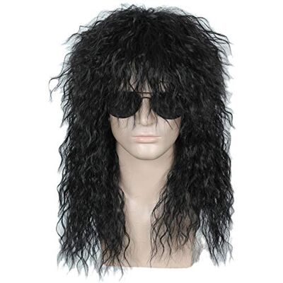 Linfairy 80s lourd métal Halloween mullet fantaisie robe perruque (noir bouclé) Linfairy 80s lourd métal Halloween mullet fantaisie robe perruque (noir bouclé)