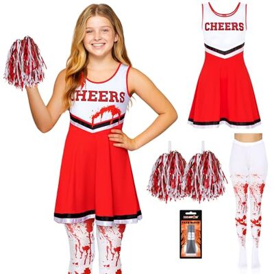 REDSTAR Déguisement de pom-pom girl zombie pour filles, robe et collants avec éclaboussures de sang + tube de faux sang REDSTAR Déguisement de pom-pom girl zombie pour filles, robe et collants avec éclaboussures de sang + tube de faux sang