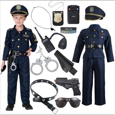 JOYIN Costume de policier haut de gamme, ensemble de jeu de rôle pour enfant avec chemise, pantalon, chapeau, ceinture, menottes et étui, pour Halloween, cosplay JOYIN Costume de policier haut de gamme, ensemble de jeu de rôle pour enfant avec chemise, pantalon, chapeau, ceinture, menottes et étui, pour Halloween, cosplay