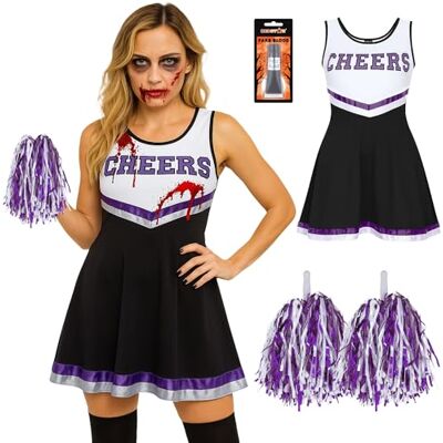 REDSTAR Déguisement Pompom Girl Femme Zombie Adulte Costume cheerleader avec robe et pompons assortis, Déguisement cheerleader femme pour Halloween, cosplay, carnaval REDSTAR Déguisement Pompom Girl Femme Zombie Adulte Costume cheerleader avec robe et pompons assortis, Déguisement cheerleader femme pour Halloween, cosplay, carnaval