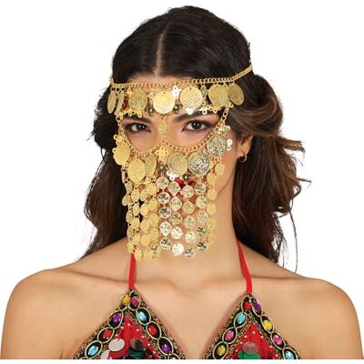 FIESTAS GUIRCA Coiffe avec voile de pièces pour déguisement femme Doré Chaînes décoratives dorées Accessoire visage brillant Métal léger Carnaval, Halloween, fêtes costumées FIESTAS GUIRCA Coiffe avec voile de pièces pour déguisement femme Doré Chaînes décoratives dorées Accessoire visage brillant Métal léger Carnaval, Halloween, fêtes costumées